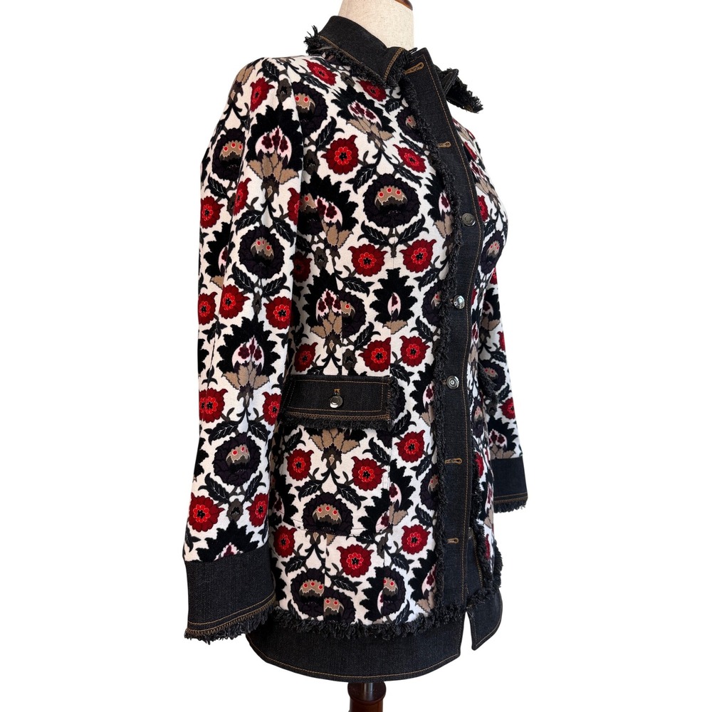 Etcetera Tapestry Jacket Womens 4 Red Black Floral Denim Trim Fringe Blazer